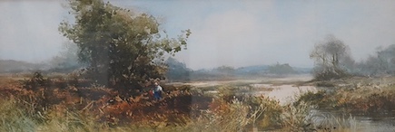 Sidney Hines, watercolour, Riverscape with figures, 18 x 53cm. Condition - good